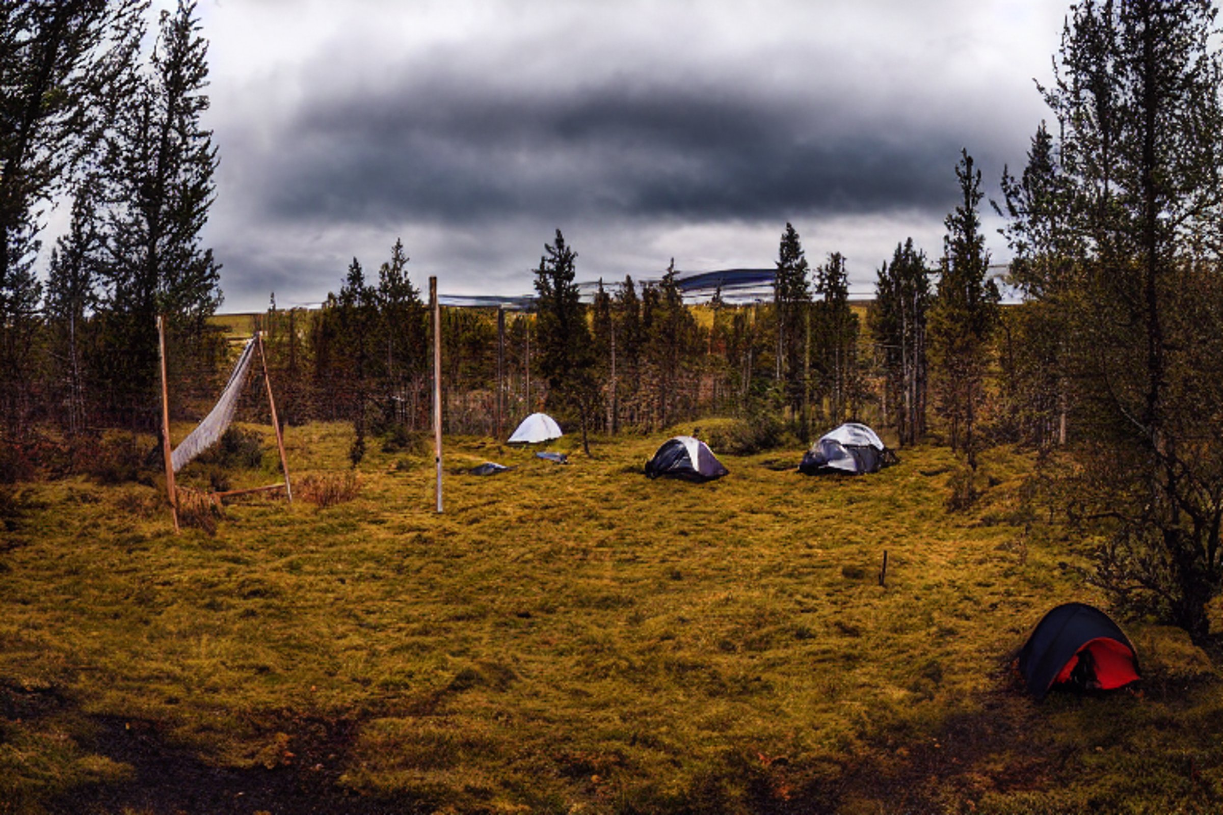 A black tent sits on a quiet paved campsite in Iceland, surrounded by bright fall trees. A hammock hangs between the trees, while clothes sway on a nearby clothesline. Berry-covered bushes and a dirt patch add a cozy touch beneath the stormy sky.