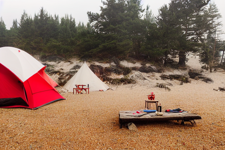 A red and white tent rests on a beach beside a warm campfire. Camping chairs, hanging clothes, and small gravel patches add a cozy touch, while fog softens the sunset over the ocean.