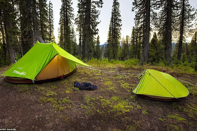 Two green camo tents sit on a dirt patch at a paved campsite in Yosemite. A hammock hangs between the trees, with berry bushes nearby and rolling hills beyond. Bright northern lights glow across the sky, creating a peaceful, magical scene.