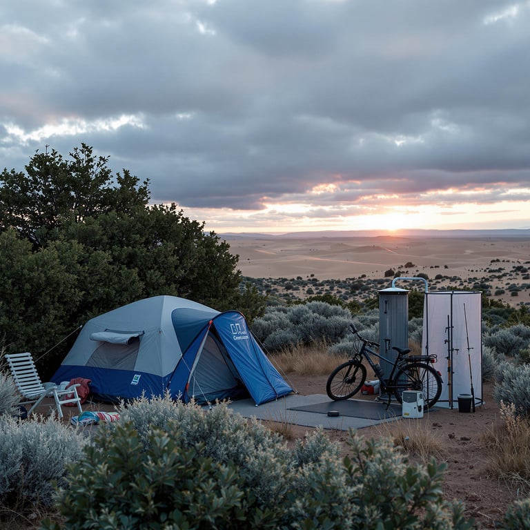 In this peaceful campsite, a cozy tent sits among soft, fluffy bushes with a lovely view of rolling sandy hills. The sun sets beautifully, painting the sky with warm colors. A bicycle and a quaint shower make this spot ready for adventure and relaxation.