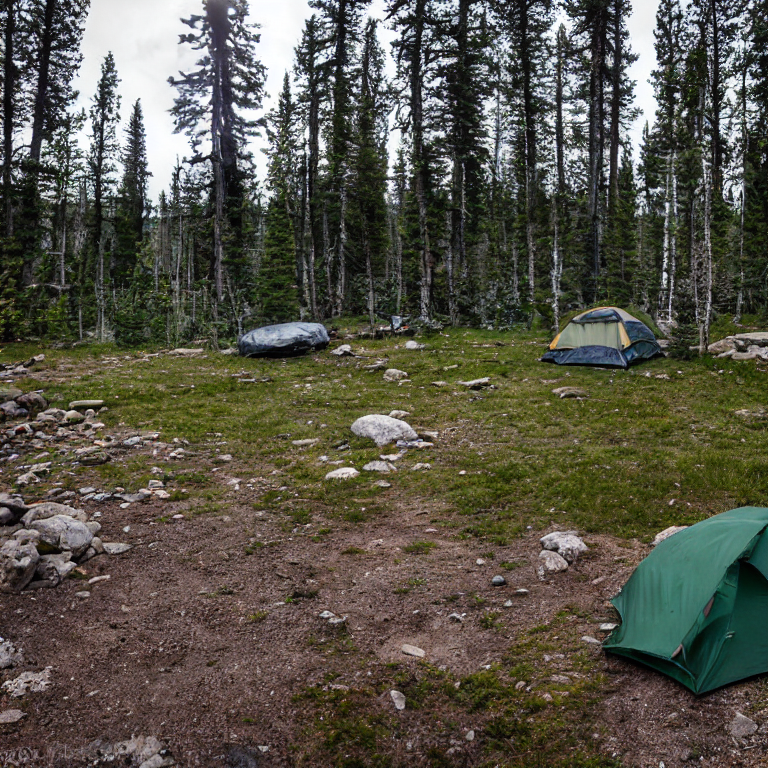 A green tent rests in a Montana forest beside a warm campfire. Large stone slabs and scattered rocks circle the dirt campsite, while a backpack sits nearby. In the distance, a person holds a flashlight beneath the stormy sky.