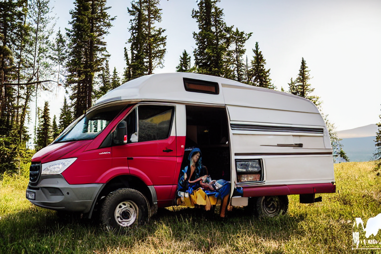 A red-and-white camper van rests on a dirt campsite beneath Glacier National Park’s clear sunset sky. A white cooler, camping stove, and clothesline with drying clothes add a cozy touch, while a person with a flashlight stands in the distance.
