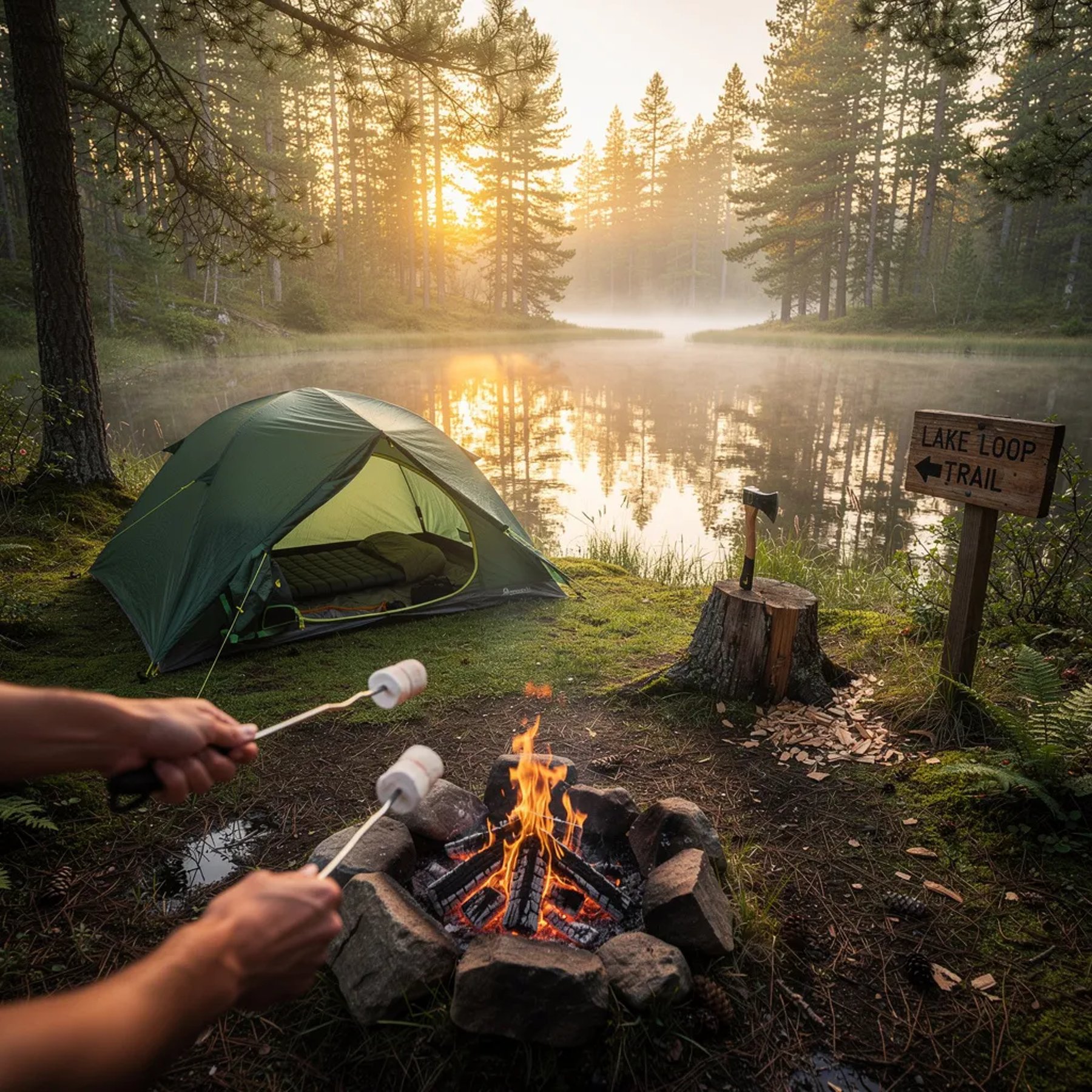 A quiet pond sits in a pine forest, with mist rising in the golden sunrise. A small green tent rests on wet, mossy ground, and puddles shine like mirrors. Nearby, a tiny campfire glows as hands roast marshmallows, and an axe is stuck in an old tree stump by the trail sign.