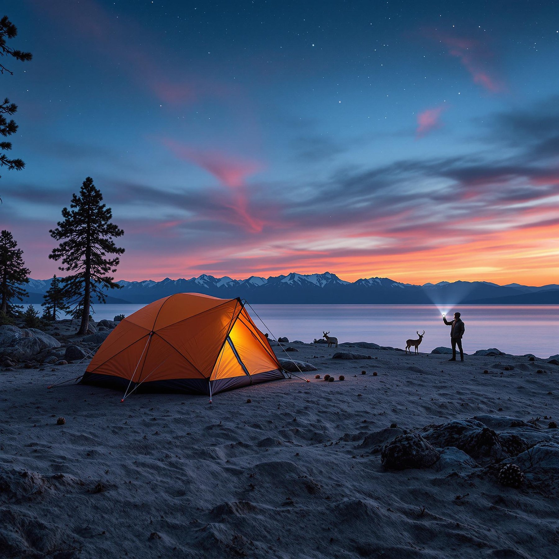An orange dome tent rests on the dry ground beside Lake Tahoe as the sun sets. Pine cones dot the dirt, while a deer and a person with a flashlight wait in the distance.