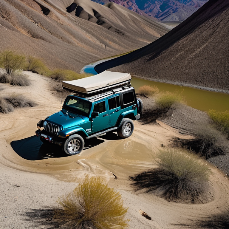 A teal Jeep with an open rooftop tent rests at a sunny campsite in Death Valley. A small stream winds through the tall grass, past berry bushes and scattered stones. The clear sky and open desert make the camp feel peaceful and bright.