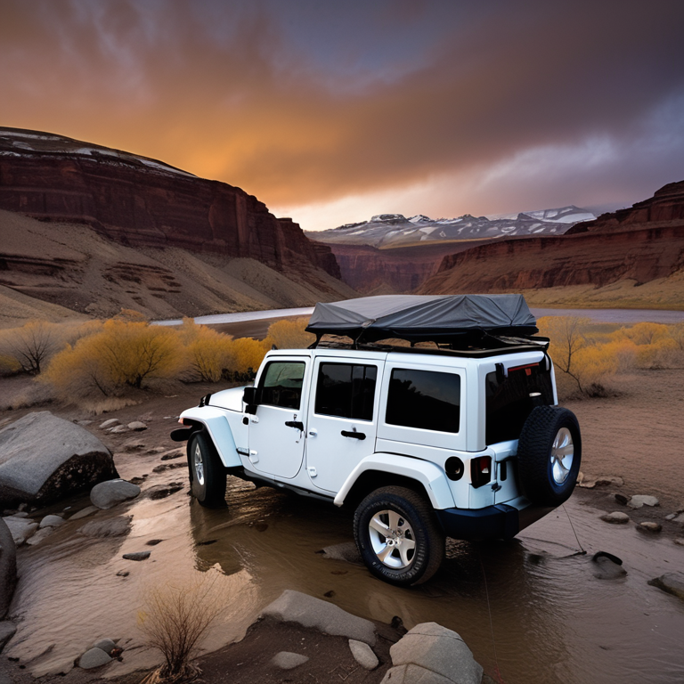 A white Jeep with an open rooftop tent rests beside a river on a snowy morning. Rocks cover the campsite, while clothes hang from a line and a distant camper shines a flashlight. Warm sunrise light glows across the quiet scene.