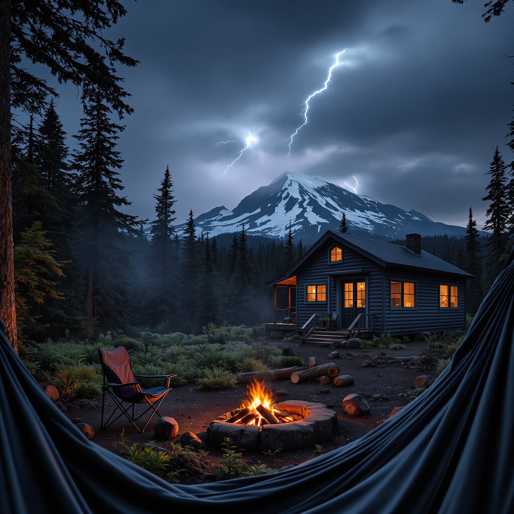 A cozy cabin glows warmly in a forest, while a campfire crackles under tall pine trees. Snowy mountains rise in the distance, and lightning flashes in the night sky. This campsite feels adventurous and safe all at once.