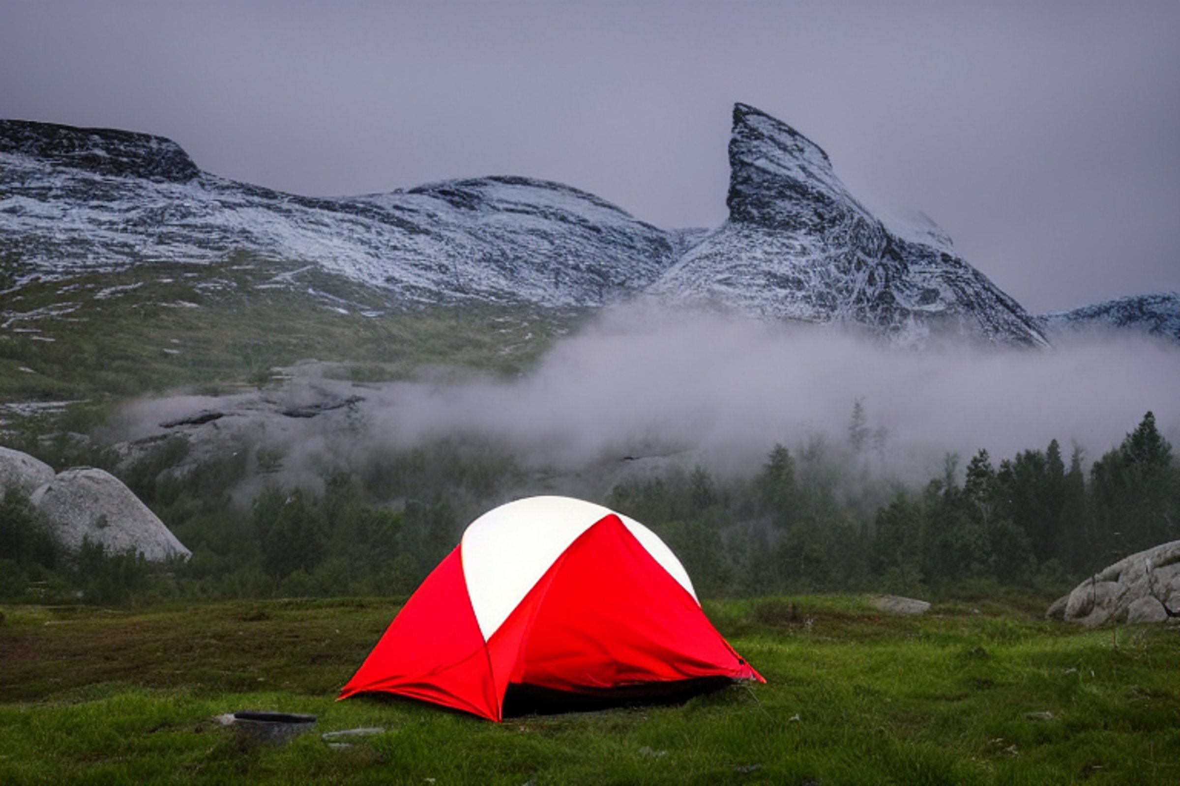 A red and white tent rests on a quiet gravel campsite in Norway. A large log sits near the campfire, while misty mountains rise in the background. The fog gives the scene a cool, peaceful feeling.