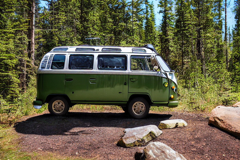 A green VW campervan rests in a sunny forest campsite surrounded by large rocks and stone slabs. A dirt path winds through the trees, while colorful clothes sway on a nearby clothesline.