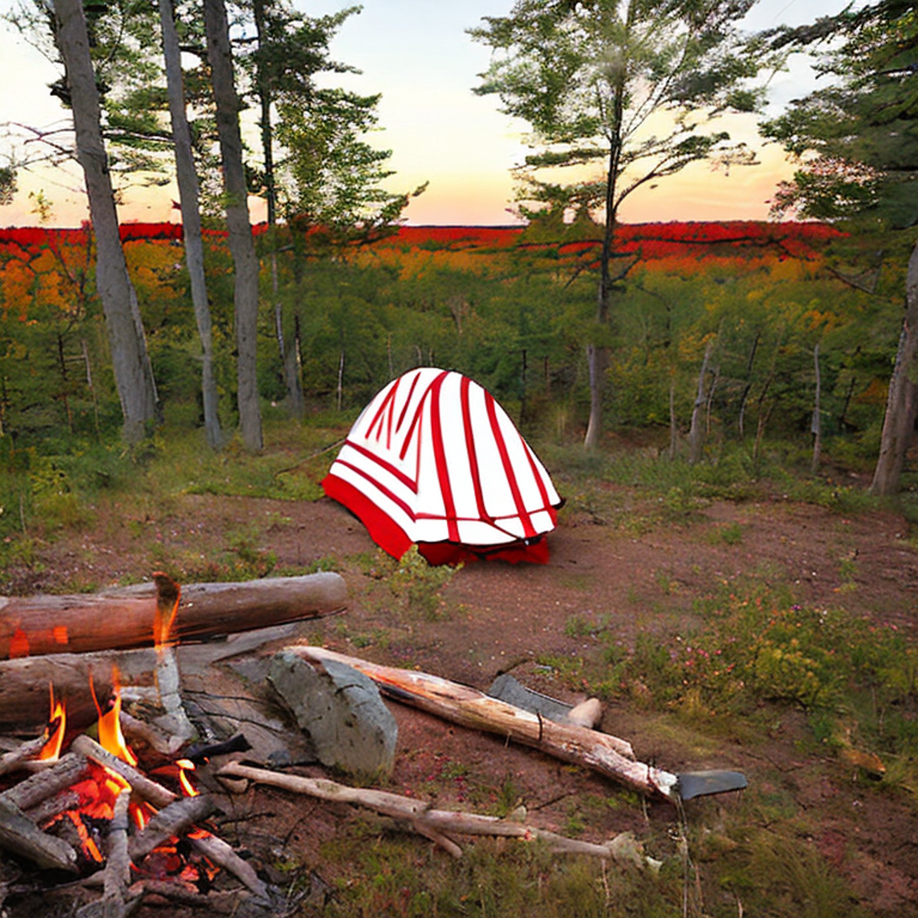 A red and white tent rests on a quiet dirt campsite in Isle Royale National Park. Fall-colored trees glow in the warm sunset light, while a campfire crackles beside a large log. Clear skies stretch above the peaceful forest.