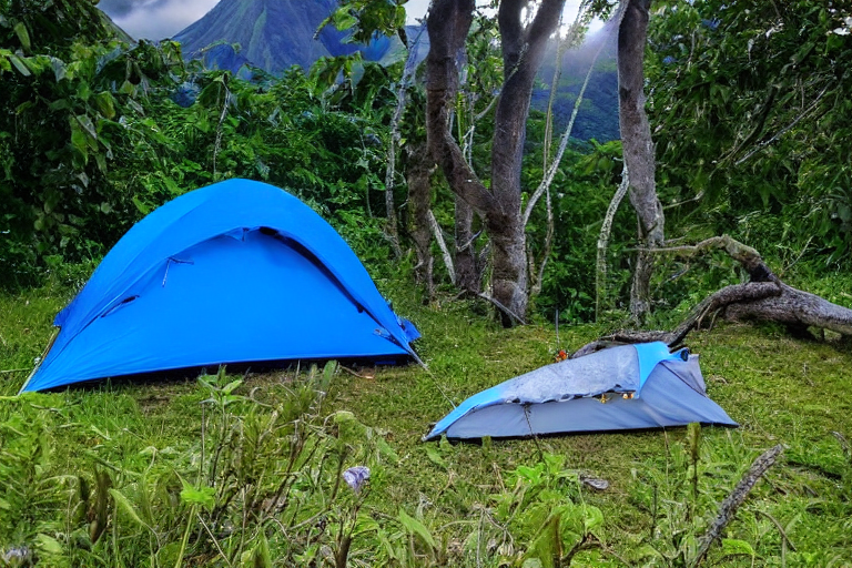 A gray-blue tent rests on a dirt clearing as a campfire glows beneath a stormy sunset. A hammock hangs between the trees, with a backpack and bright flowers nearby. Misty mountains rise in the distance.