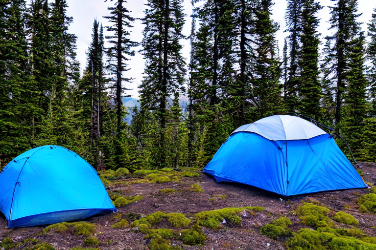 A bright blue tent rests on a quiet campsite surrounded by mossy trees and boulders. Green hills and tall mountains stretch into the distance, while colorful northern lights glow across the clear night sky. A box of camping gear sits nearby on the dirt.