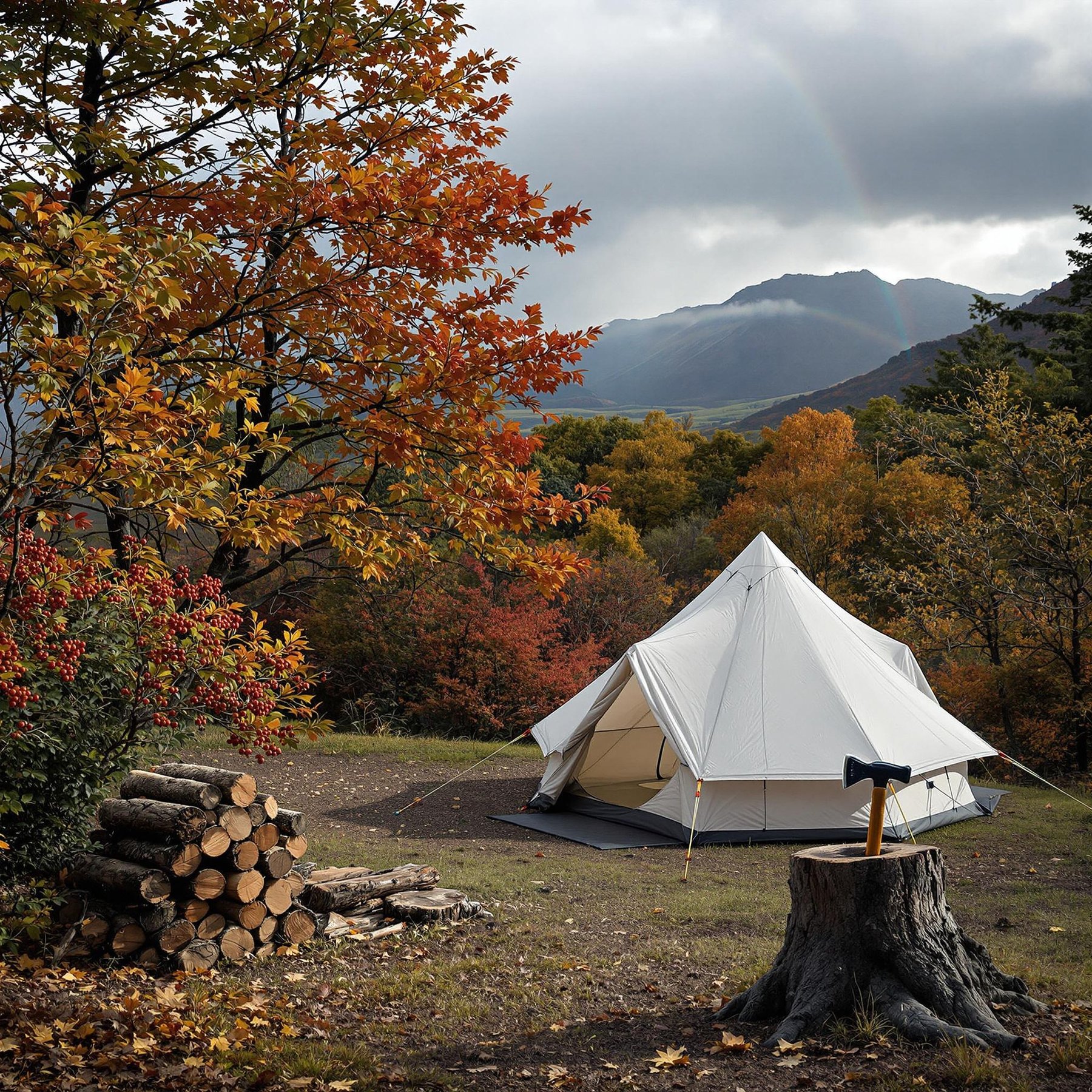 Nestled in a colorful forest, a cozy tent stands beneath vibrant autumn leaves. A rainbow stretches over distant mountains, adding magic to the scene. Nearby, a pile of logs and an axe wait for a campfire adventure.
