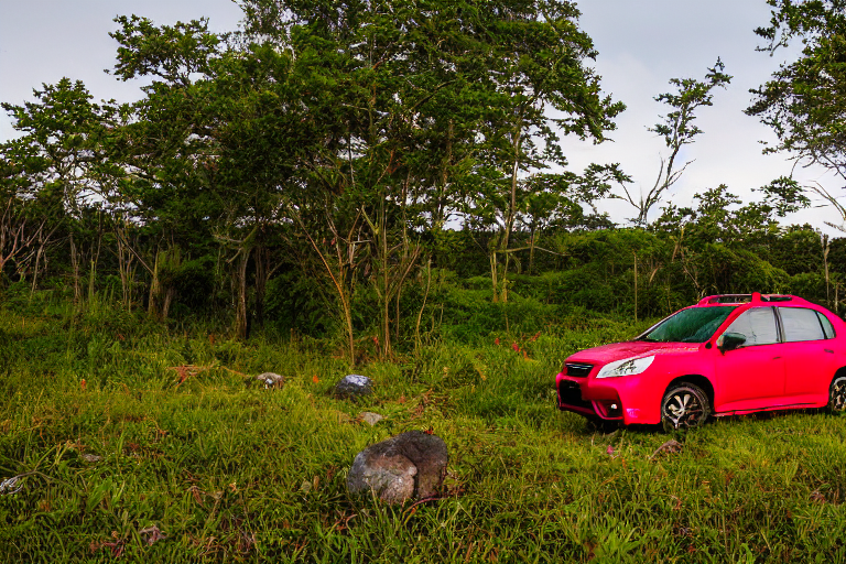 A red Subaru with its rooftop tent open rests on a quiet dirt campsite. Ferns, tall grass, and stones surround the clearing, while a deer stands in the distance. Snowy air and warm sunset light create a peaceful, wild feeling.
