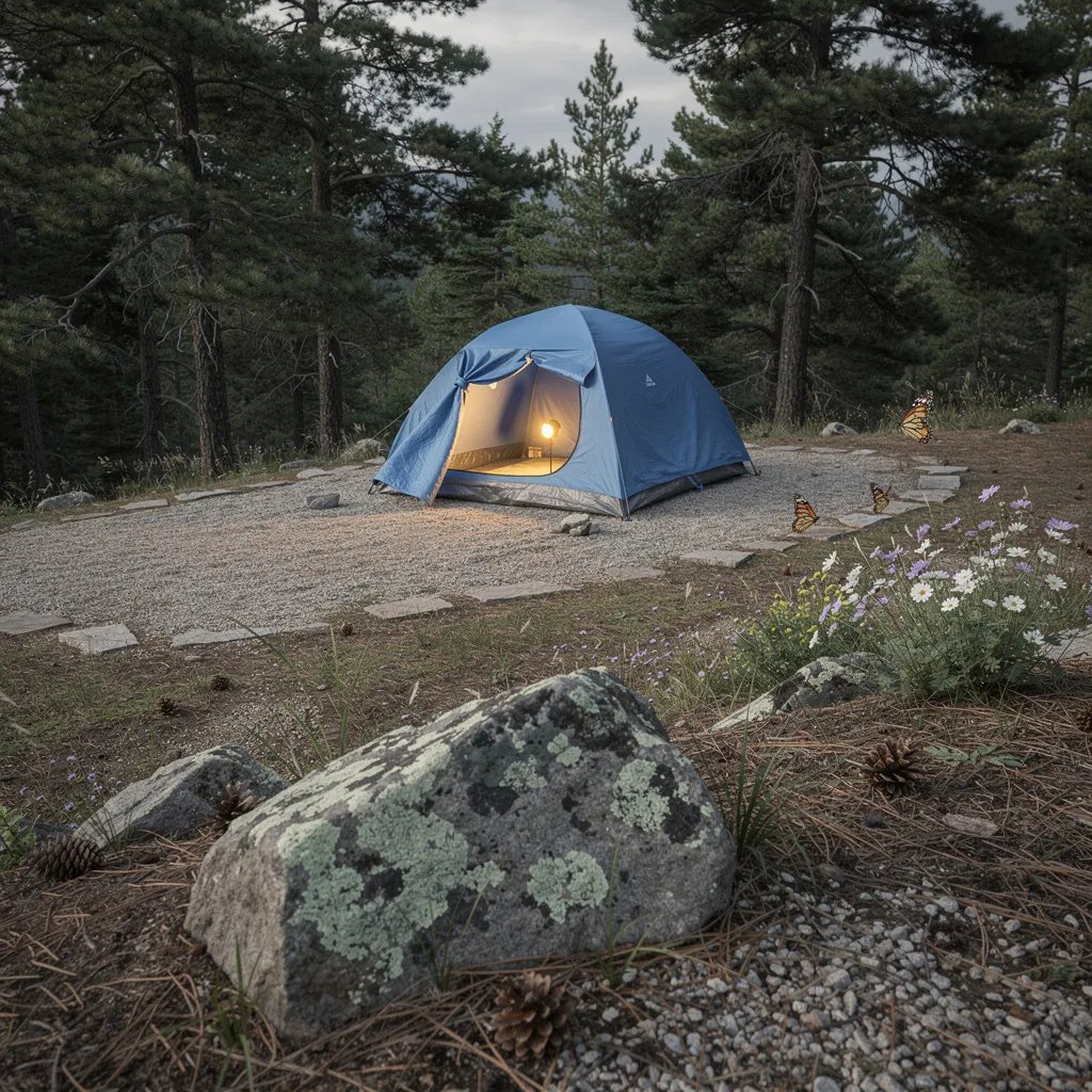 A quiet forest clearing sits below a hill, with soft gray afternoon light drifting through the trees. A blue tent glows warmly inside, its door cracked open like a small, cozy lantern. Pine cones and stone gravel dot the ground, and a big lichen-speckled boulder watches from the front. Butterflies float near tiny wildflowers as the breeze stirs the grass.
