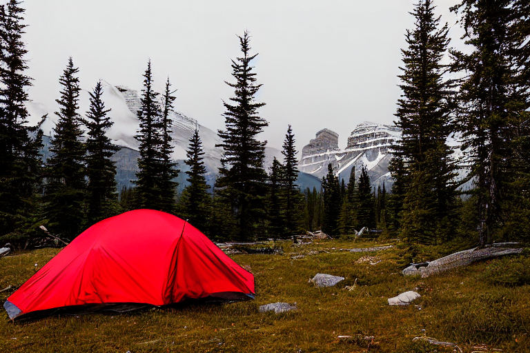 A red and white tent rests on a quiet dirt campsite in Banff National Park. Tall trees, misty air, and mountains create a calm dusk setting, while a distant camper’s flashlight glows softly.