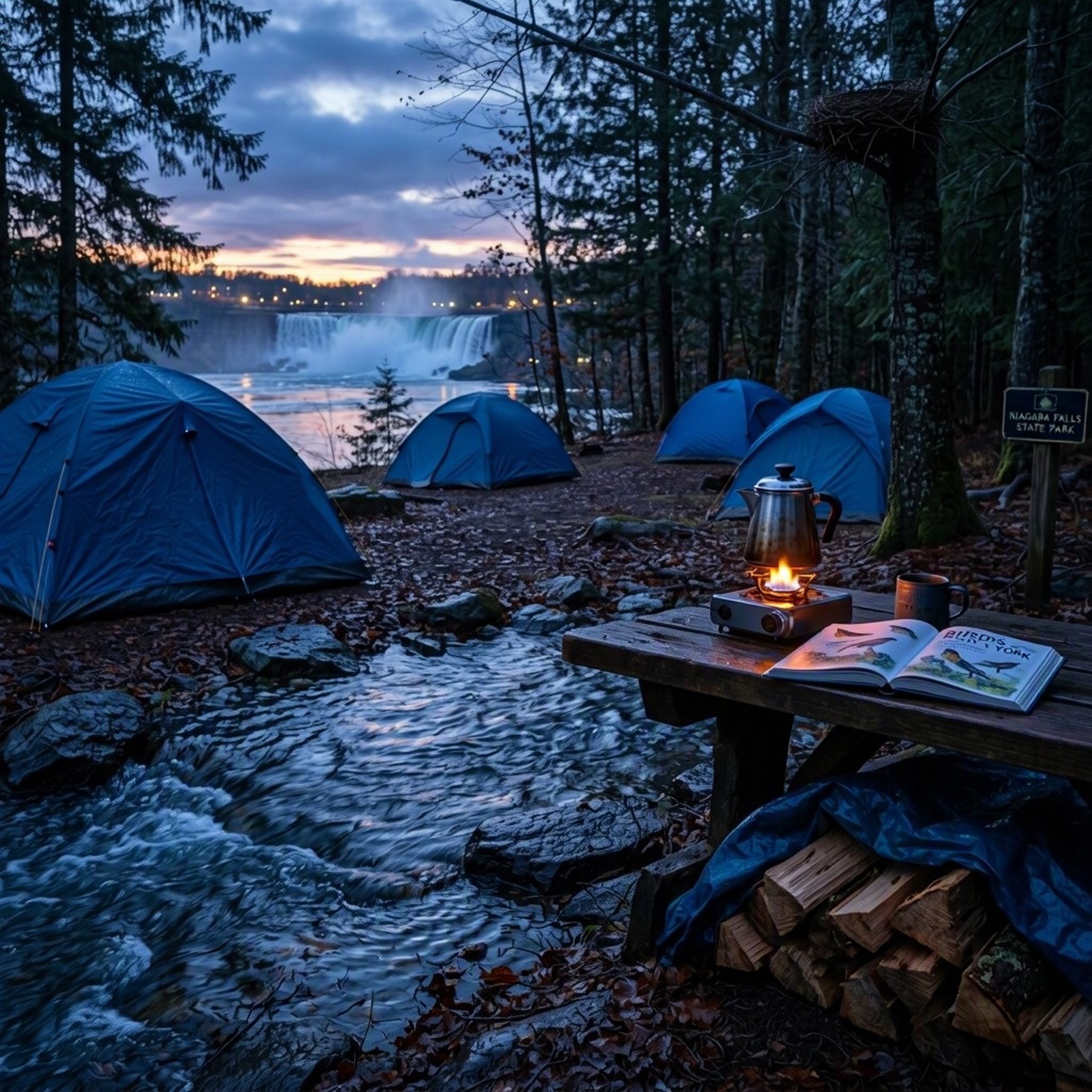 Four blue tents sit quietly in a damp forest clearing beside the Niagara River. Cool blue twilight fills the trees, while a small stove flame warms the picnic table and coffee pot. A bird’s nest rests above the covered firewood nearby.