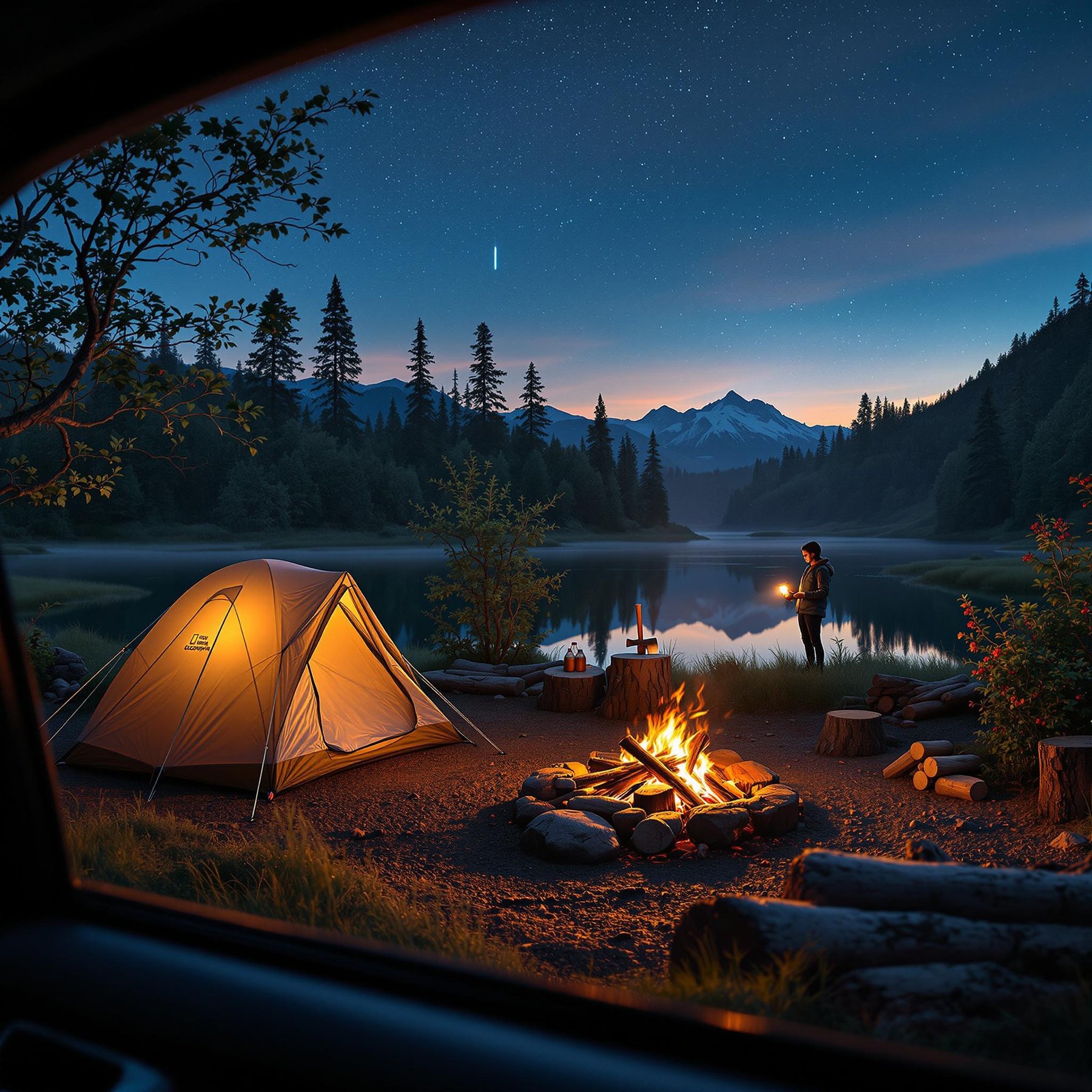 A cozy campsite rests beside a calm pond, with trees and berry bushes all around. A warm campfire glows near the tent, while a distant camper shines a flashlight under the breezy evening sky.