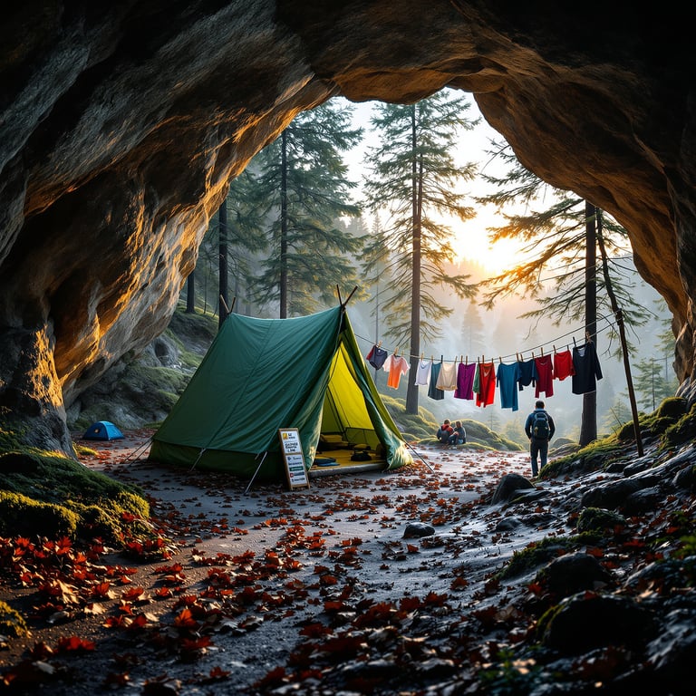 This cozy campsite sits under a rocky cave surrounded by tall pine trees. Colorful clothes hang on a line, and orange leaves cover the soft ground. The golden sun shines through the forest, making everything feel warm and peaceful.