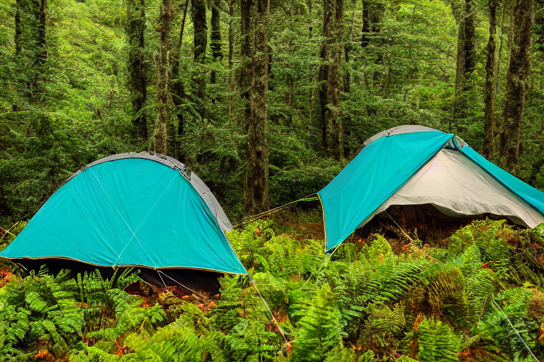 A teal tent rests beside a dirt patch at a misty campsite in the Smoky Mountains. Ferns, berry bushes, and rugged ground surround the site as hikers pass by in the soft evening rain.