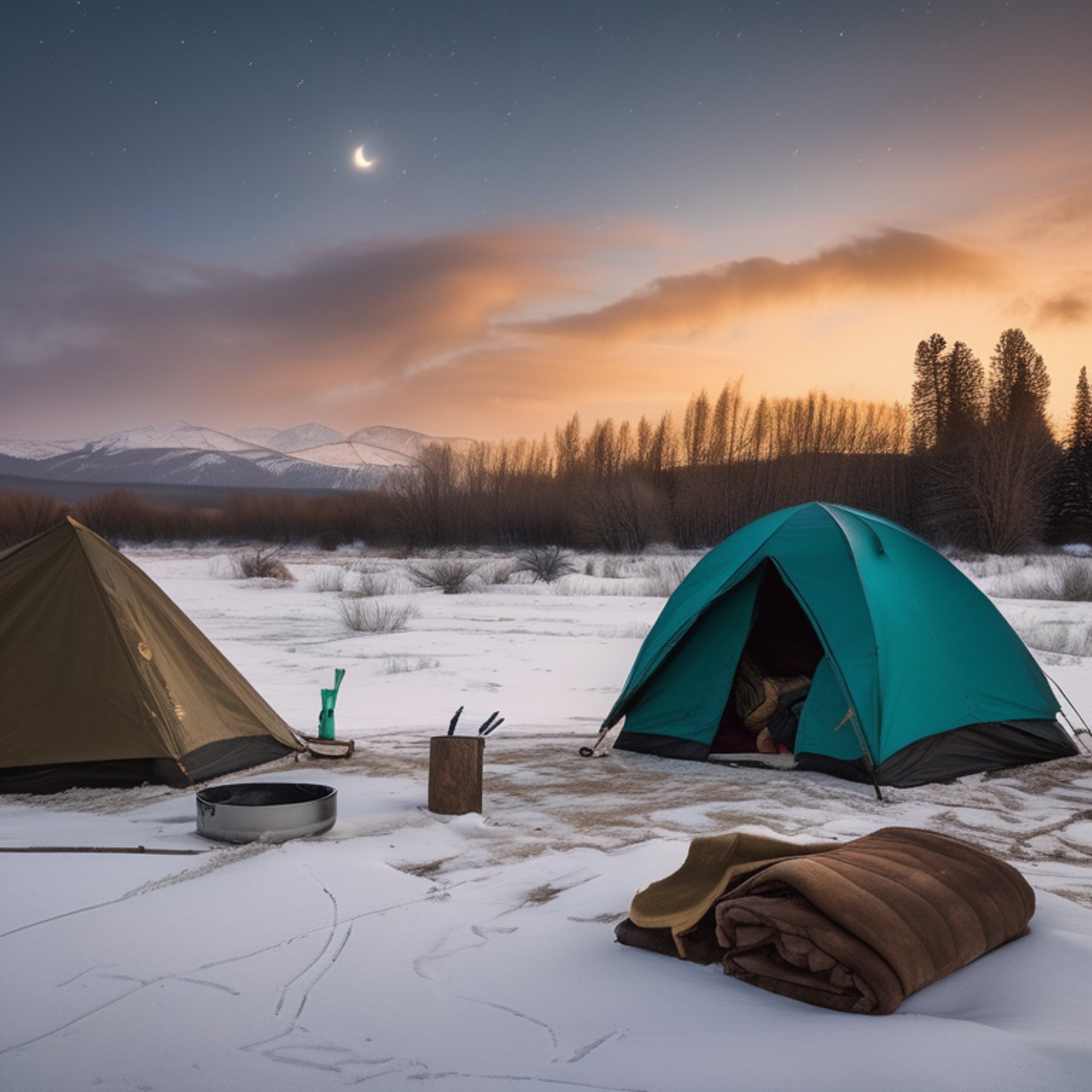 A bright teal tent sits on a dirt campsite beside a calm lake. Snow covers the ground as golden light shines over the scene, with surfers on the water and a pale moon in the sky. Clothes hang from a line, adding a cozy touch to this unusual outdoor camp.