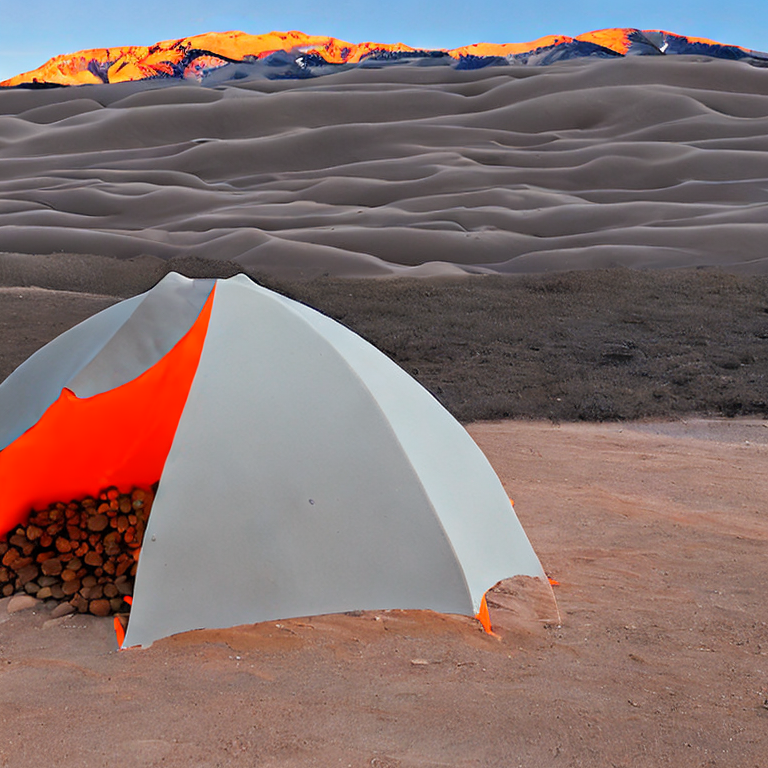 A bright orange and gray tent rests on a rocky campsite beneath a cloudy sky. Gravel, stones, and a large log surround the camp, while the Great Sand Dunes stretch into the distance. A pale moon hangs above the quiet landscape.