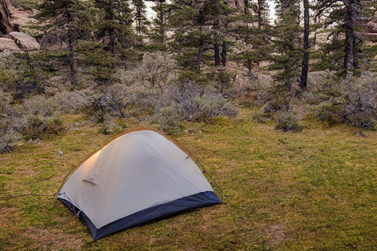 A cozy tent glows beside a crackling campfire in snowy Big Bend National Park. Overgrown grass surrounds the dirt campsite, while a wooden guitar rests nearby. Hikers gather under the quiet night sky.