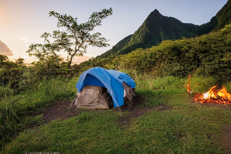 A bright blue tent rests on a quiet dirt campsite in lush Soufrière, St. Lucia. A stone-ringed campfire and logs sit in the tall grass, surrounded by thick green bushes. Clouds drift overhead, with a pale moon peeking through the sky.