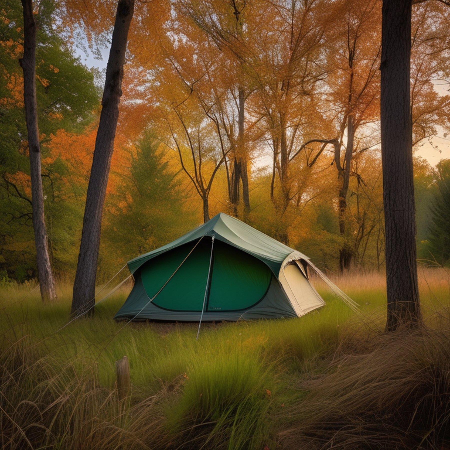 A green tent rests on a paved campsite beneath a clear night sky. Tall grass and overgrown plants surround a dirt patch, while colorful fall trees brighten the scene. Hikers add a sense of adventure to this peaceful North Shore retreat.