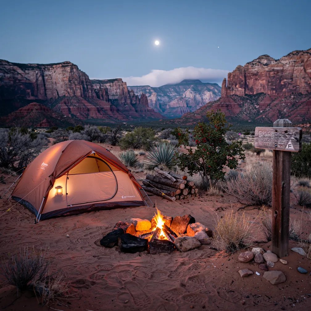 A copper tent sits on sandy ground as blue twilight settles over the quiet desert. Dark sandstone cliffs rise in the distance, and a pale moon hangs low in the clear sky. A small campfire glows in a stone ring beside neatly stacked firewood, and a weathered trail marker stands nearby. Sparse desert plants and a little berry bush make the campsite feel wild and peaceful.
