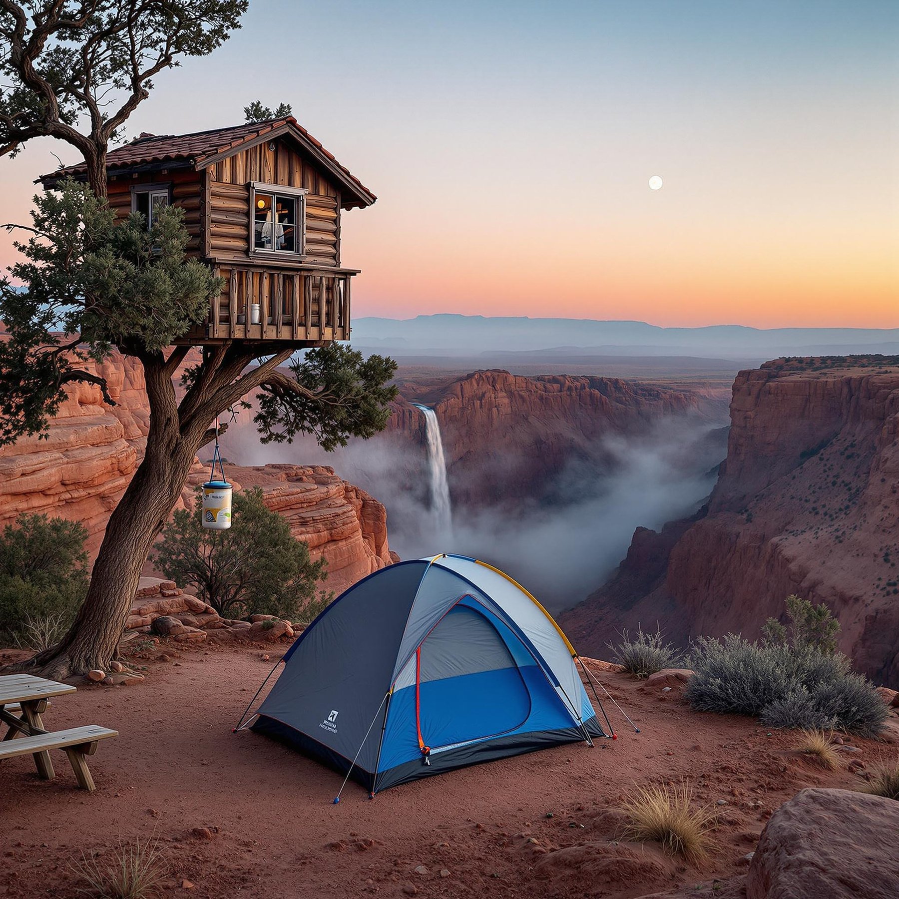A cozy tent sits on the edge of a majestic canyon, with a charming treehouse perched nearby. A breathtaking waterfall cascades in the distance, under a magical moonlit sky. Perfect for an adventurous night's sleep in nature's beauty!