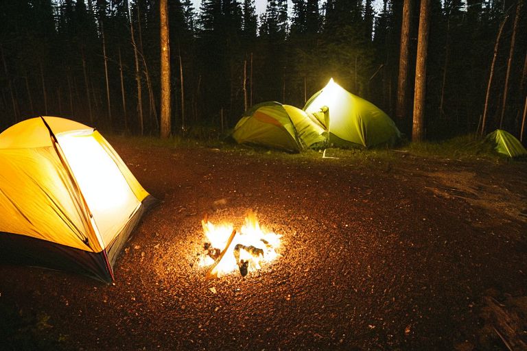 A cozy tan tent rests on a quiet paved campsite along the Maine coast. A glowing campfire and lantern warm the dirt clearing beneath the dancing aurora, while the moon shines in the distance.