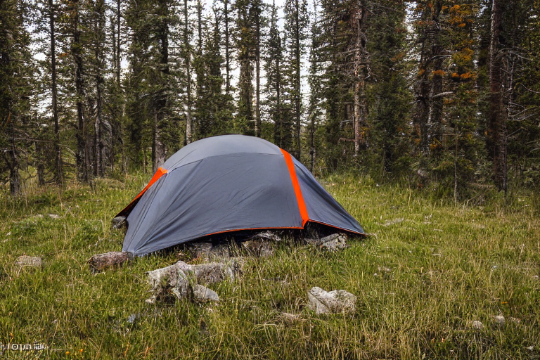A gray and orange tent rests beside a small campfire on a snowy Colorado campsite. Tall, overgrown grass and berry bushes surround the dirt clearing, while the tent glows warmly inside.