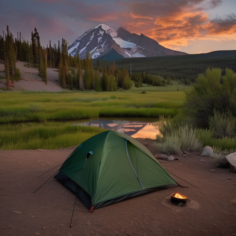 A green tent sits on a dirt campsite beneath a rainy sunset in Colorado. A warm campfire glows nearby, with a tall mountain, large rock, and forest all around.