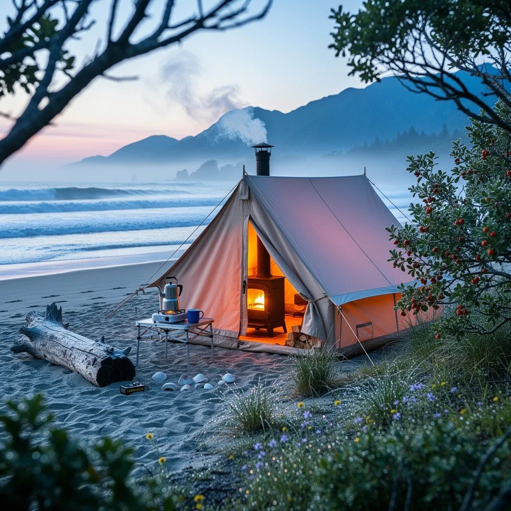 A warm, glowing tent sits on a quiet beach as the soft waves roll in. Cool blue dawn light colors the sky, with pink on the horizon and mist over distant mountains. Dew sparkles on dune grass, wildflowers, and leaves around the tent. A tiny stove and coffee pot wait on a small table, making the campsite feel cozy and calm.