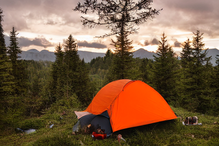 A gray and orange tent rests on a mountain campsite surrounded by small trees and ferns. A warm campfire glows beside a wooden guitar and picnic table as storm clouds gather in the golden evening light.