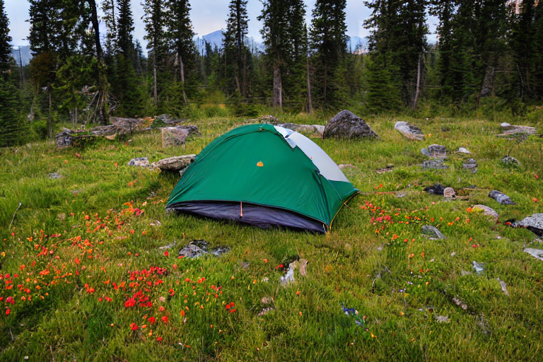 A forest green tent sits in a grassy Montana campsite beside a warm campfire. Wildflowers, stones, and large rock slabs surround the muddy clearing as rain falls beneath the glowing sunset.