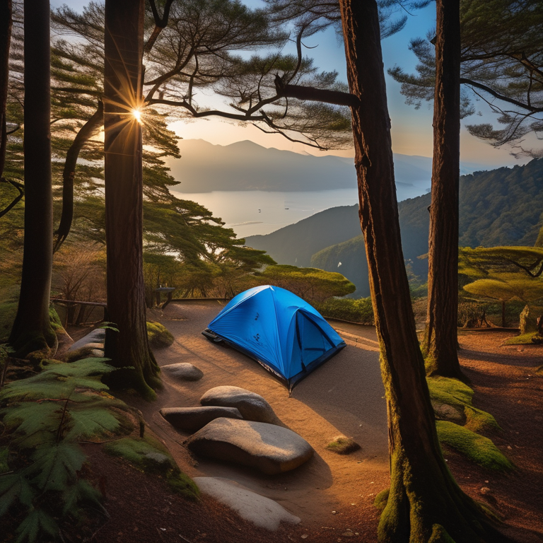 A bright blue tent rests on a quiet dirt campsite in Miyajima, Japan. Moss-covered trees surround the area as warm sunrise light filters through the forest. A backpack lies nearby, while a distant camper shines a flashlight.