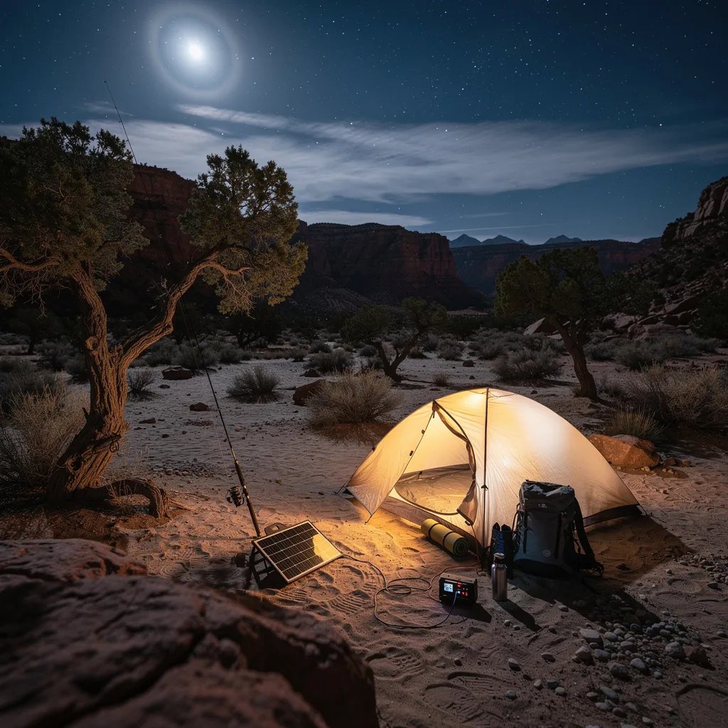 A small tent glows warm on sandy ground in a quiet red rock desert. Juniper trees and low shrubs sit under a huge sky packed with bright stars and a soft moon halo. A fishing rod leans on a tree, and a little solar panel rests by the tent like a tiny helper in the night. The whole place feels calm, cool, and full of wonder.