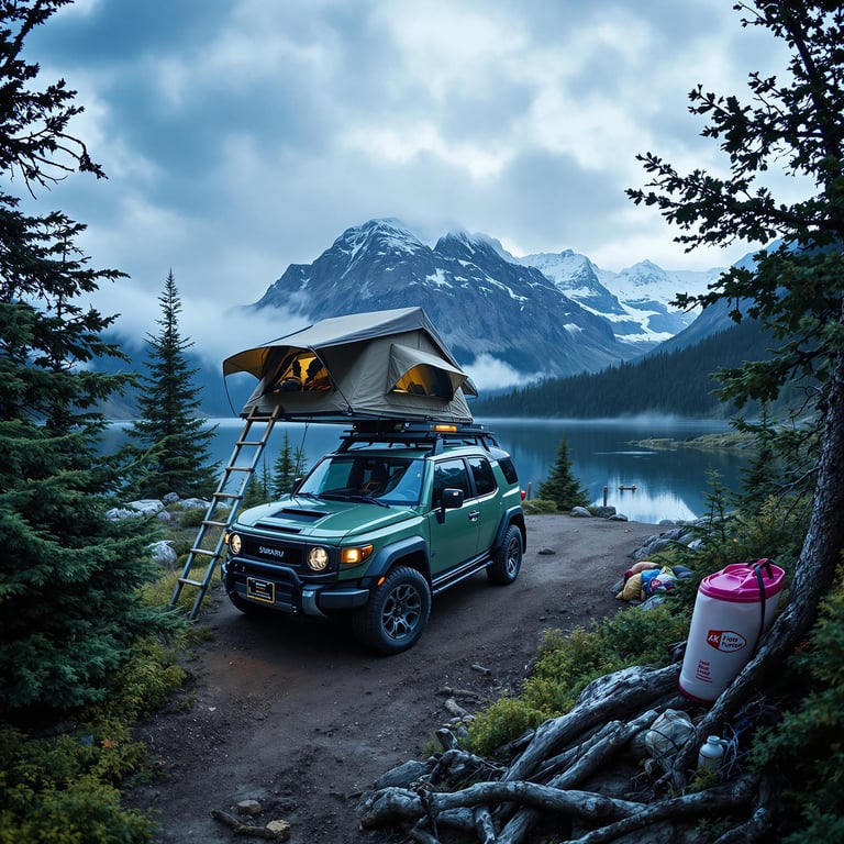 A green Subaru with its rooftop tent open rests beside a quiet dirt trail in Glacier National Park. Tall bushes, a hanging bear-proof food container, and a fallen twig surround the camp. Soft blue-hour light and cloudy skies create a peaceful mood.