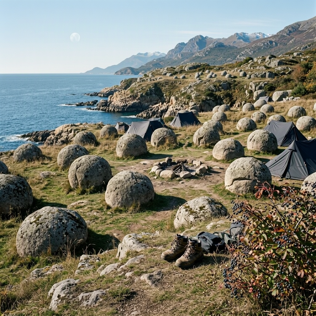 Tents and round boulders fill a rocky coastal campsite beneath the mountains. Hiking boots sit beside a berry-covered shrub, with the moon above the sea.