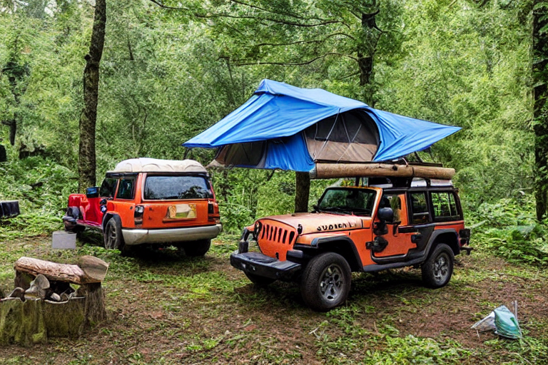 A colorful Jeep stands at a dirt campsite beneath the cliffs of Zhangjiajie, China. Ferns surround a warm campfire, while a rooftop tent glows softly above. A wooden guitar rests nearby as dusk settles over the peaceful scene.