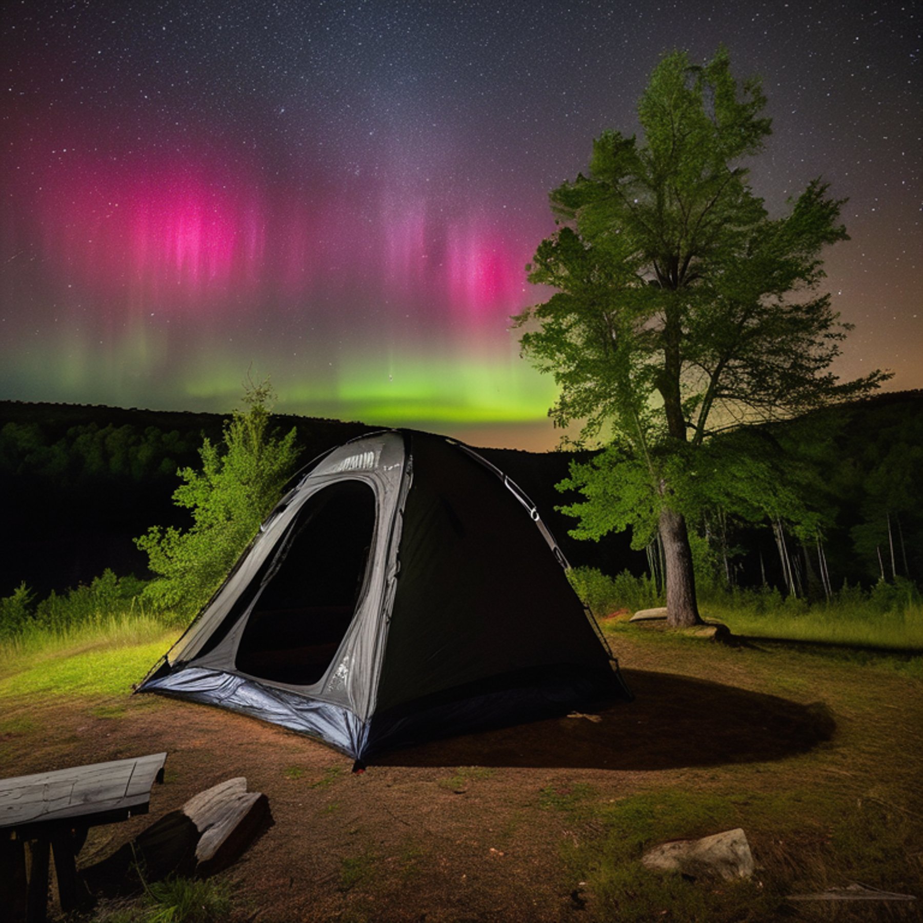 A black tent rests on a quiet campsite beneath glowing green auroras. Mossy trees, rough ground, and a picnic table create a peaceful night scene, with hikers nearby.
