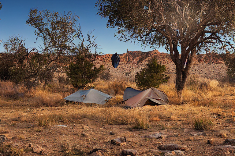 A brown tent rests on a sandy campsite in the New Mexico desert as the sun rises. Tall grass, a large rock, and a hammock tied to a tree add charm, while a pale moon hangs above the snowy landscape.
