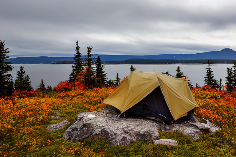 A cozy campsite rests along the Maine coast, with a brown Subaru and rooftop tent near a warm campfire. Fall-colored trees, wildflowers, waves, and mountain views surround the dirt clearing beneath the glowing northern lights.