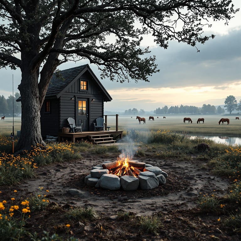 A black treehouse sits in a wildflower field beside a quiet body of water. A small campfire glows near the chairs, while sleet falls and the campsite reflects in the water. Wild horses graze in the distant field.