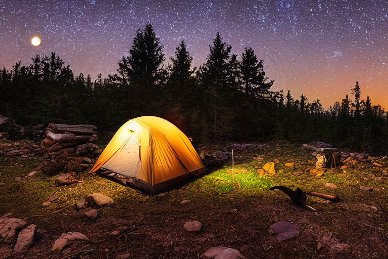 A cozy brown tent rests on a dirt clearing in the Smoky Mountains. Nearby, a warm campfire glows beside a large log and scattered boulders. A bright moon shines over berry-covered bushes under the clear night sky.
