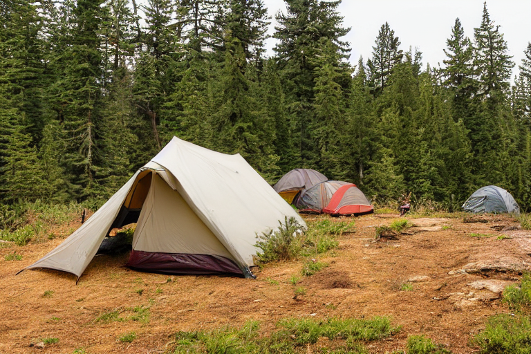 A cozy tent rests on a paved campsite surrounded by trees and rocky ground. Under a clear blue sky, a large rock and a few surfers add a fun touch to the bright outdoor scene.