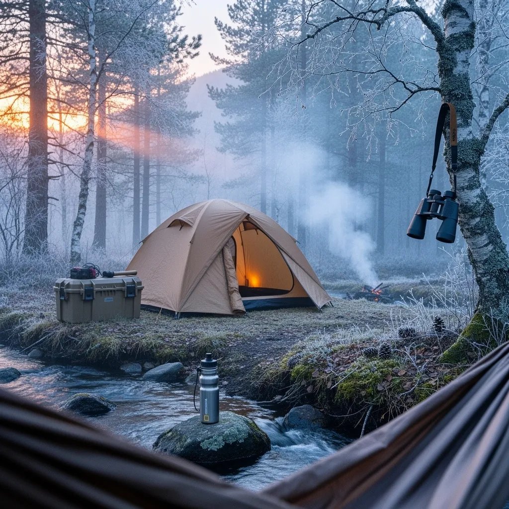 A tan tent glows softly in a misty Norwegian forest at sunrise. Frost sparkles on the moss and leaves while a quiet stream flows nearby. A small campfire sends gentle smoke through the cold fog. Binoculars hang from a mossy branch, waiting for the next morning view.