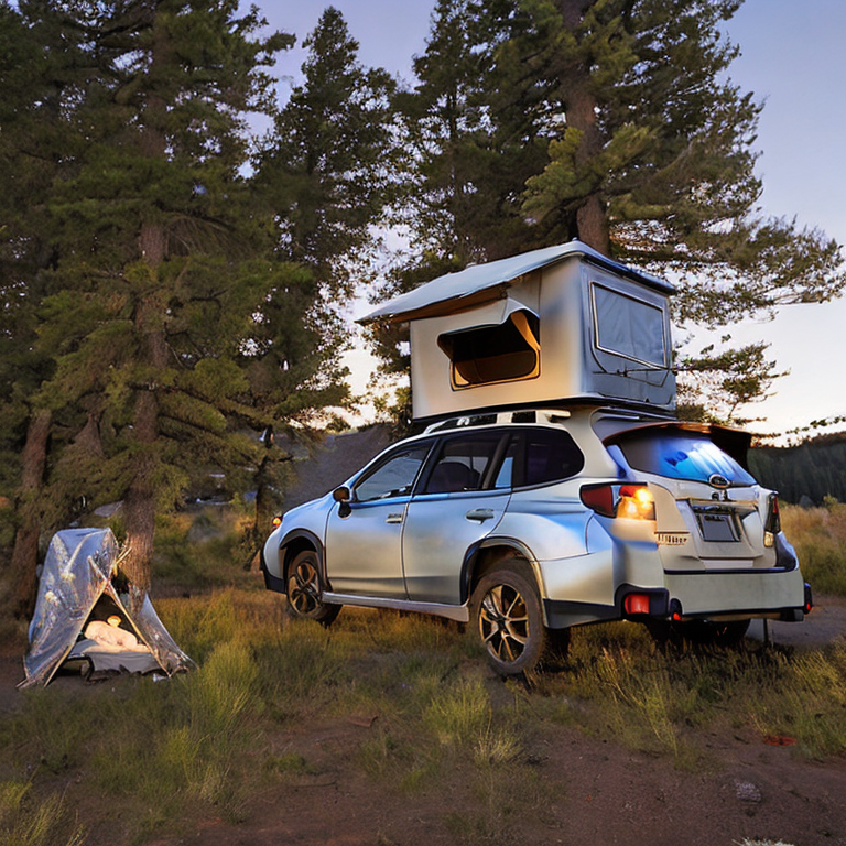 A Subaru with its rooftop tent open rests on a quiet dirt campsite in Yosemite. Tall grass and ferns surround the spot, while rolling hills rise beneath a clear, star-filled sky.
